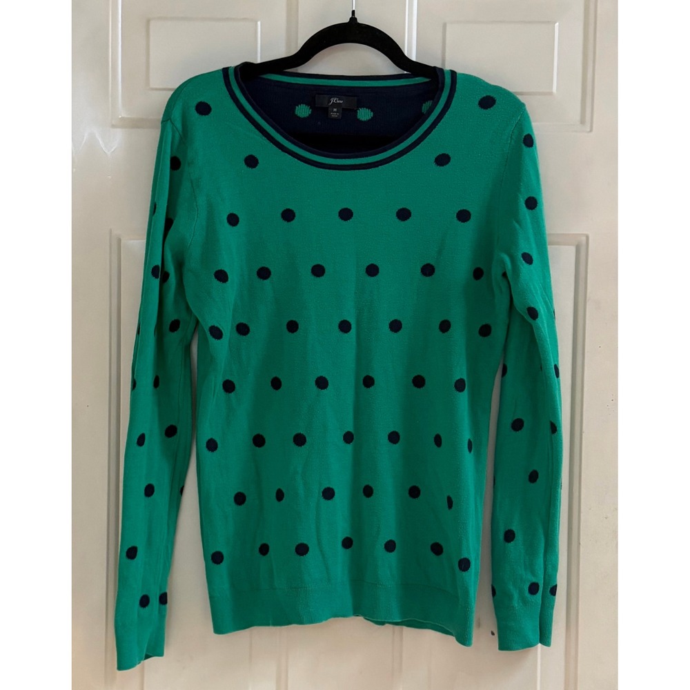 J. Crew Kelly Green Navy Blue Polka Dot Crewneck Knit Pullover Sweater Preppy